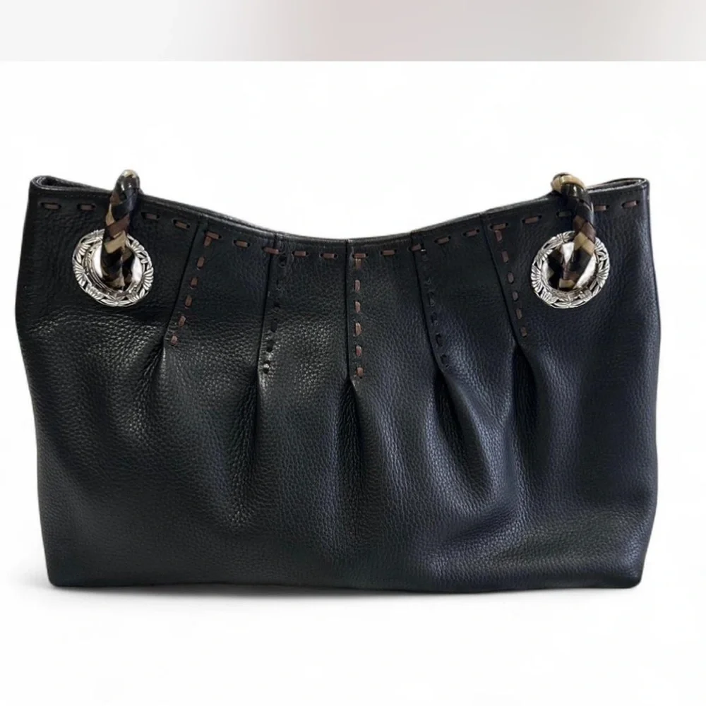 BRIGHTON Black Pebbled Leather Slouchy Hobo Bag Braided Strap Boho Silver-tone